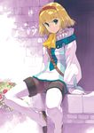  arm_support black_legwear blonde_hair boots brick_wall crotch_seam gloves green_eyes hairband inu looking_at_viewer natalia_luzu_kimlasca_lanvaldear panties panties_under_pantyhose pantyhose parted_lips short_hair sitting solo tales_of_(series) tales_of_the_abyss thighhighs underwear white_footwear yellow_neckwear 