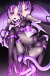  ass azure_striker_gunvolt black_footwear black_sclera bodysuit boots breasts cameltoe covered_nipples elise_(gunvolt) high_heel_boots high_heels highres large_breasts looking_at_viewer multiple_girls open_mouth pole purple_eyes purple_hair shimo_(depthbomb) short_hair skin_tight smile thigh_boots thighhighs 