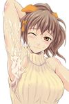  1girl armpits blush breasts brown_hair bust cum cum_on_body cum_on_upper_body erect_nipples eyes_closed facial hair_ribbon looking_at_viewer original ponytail rei_oe ribbed_sweater ribbon sleeveless sleeveless_turtleneck smile solo sweater turtleneck upper_body 