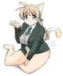 ahoge animal_ears banned_artist blonde_hair blue_eyes blush bottomless braid breasts cat_ears cat_tail collared_shirt eyebrows large_breasts long_hair looking_at_viewer lynette_bishop mikomu military military_jacket military_uniform necktie no_legwear paw_pose shirt single_braid sitting smile solo strike_witches sweater_vest tail thick_eyebrows thick_thighs thighs uniform world_witches_series 