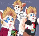 2019 anthro blonde_hair blue_eyes canid canine clothed clothing dialogue digital_media_(artwork) english_text fur hair iroxykun joey_ketchum male mammal money nintendo open_mouth phone pok&eacute;mon shirt simple_background smile solo text tongue tongue_out video_games wallet 