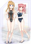  bad_feet barefoot blonde_hair blue_eyes brown_eyes competition_school_swimsuit competition_swimsuit error hands_on_hips highleg highleg_swimsuit highres mashinatsu multiple_girls one-piece_swimsuit original pink_hair ponytail school_swimsuit swimsuit twintails 