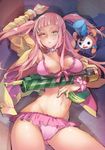  accessory_(freedom_wars) arm_up bear bikini blush breasts collar freedom_wars gebyy-terar green_eyes gun hat jacket large_breasts long_hair looking_at_viewer lying navel on_back open_clothes open_jacket open_mouth pink_hair swimsuit twintails weapon 