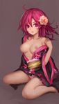  ahoge bad_id bad_pixiv_id breasts flower hair_flower hair_ornament highres japanese_clothes kimono kuuu medium_breasts nipples off_shoulder open_clothes open_kimono original panties pink_eyes pink_hair rose sitting solo underwear wariza 