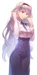  adjusting_hair bad_id bad_pixiv_id banned_artist breasts chopsticks hairband highres idolmaster idolmaster_(classic) jandy large_breasts long_hair looking_at_viewer mouth_hold red_eyes shijou_takane silver_hair skirt solo very_long_hair white_background 