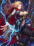  blonde_hair blue_eyes breasts cape cleavage evan_yang genderswap genderswap_(mtf) hammer large_breasts lightning long_hair looking_at_viewer marvel thor_(marvel) 