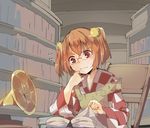  apron bell book checkered frustrated glasses hair_bell hair_ornament hasebe_yuusaku japanese_clothes motoori_kosuzu phonograph red_eyes red_hair short_hair sketch smile solo touhou two_side_up 