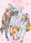  3boys abstract_background bag earflap_hat hat hat_pompom heart_pirates highres jumpsuit male male_focus multiple_boys one_piece suitcase sunglasses trio 