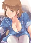  :o blurry blurry_background breasts brown_eyes brown_hair cleavage covered_nipples downblouse earrings eyebrows_visible_through_hair jewelry kaze_no_tani_no_nausicaa large_breasts looking_to_the_side nausicaa pants short_hair solo wa_(genryusui) 