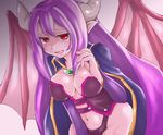  alma_elma bangs breasts cape cleavage demon_girl demon_wings groin hashimoto_(soukidann2010) horns large_breasts long_hair mon-musu_quest! monster_girl navel open_mouth pointy_ears purple_hair red_eyes sidelocks succubus tattoo very_long_hair wings 