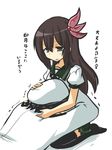  1girl admiral_(kantai_collection) brown_eyes brown_hair commentary goma_(gomasamune) hair_ornament hat hug kantai_collection kisaragi_(kantai_collection) military military_hat military_uniform school_uniform serafuku thighhighs translated uniform 