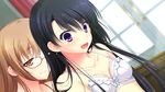  1boy 1girl blush bra breasts brown_hair chuablesoft game_cg glasses highres kirihara_misuzu kunai_uri noblesse_of_rouge oohinata_toshiya open_mouth orange_eyes purple_eyes trap underwear 