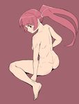  ass blush from_behind kubocha long_hair looking_back nude original red_hair simple_background sitting solo 