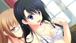  1boy 1girl blush bra breasts brown_hair chuablesoft game_cg glasses highres kirihara_misuzu kunai_uri noblesse_of_rouge oohinata_toshiya open_mouth orange_eyes purple_eyes trap underwear 