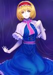  alice_margatroid blonde_hair blouse capelet hairband highres kakone looking_at_viewer neck_ribbon open_mouth ribbon sash shadow short_hair short_sleeves sitting skirt skirt_set solo string touhou yellow_eyes 