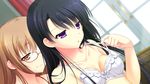  1boy 1girl blush bra breasts brown_hair chuablesoft game_cg glasses highres kirihara_misuzu kunai_uri noblesse_of_rouge oohinata_toshiya open_mouth orange_eyes purple_eyes trap underwear 