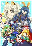  2boys 4girls animal_ears blonde_hair blue_hair bomb breasts doseisan eyes_closed fire_emblem fire_emblem:_kakusei flag green_hair ike kid_icarus kid_icarus_uprising long_hair lucina marth metroid mother_(game) mother_2 multiple_boys multiple_girls my_unit my_unit_(fire_emblem:_kakusei) nintendo palutena ponytail rally_x samus_aran smart_bomb smile star_fox super_smash_bros. symbol-shaped_pupils twintails white_hair 