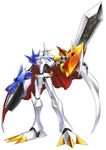  cape digimoji digimon digimon_story:_cyber_sleuth fusion horns no_humans official_art omegamon simple_background solo sword weapon yasuda_suzuhito 