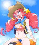  :d american_flag_bikini bikini blue_eyes blush breasts cleavage cloud cowboy_hat day drill_hair flag_print freckles happinesscharge_precure! hat highres large_breasts lens_flare long_hair looking_at_viewer magical_girl navel open_mouth precure red_hair red_haired_cure_(bomber_girls_precure)_(happinesscharge_precure!) ryuuta_(cure_ryuuta) scarf shiny shiny_skin sky smile solo star sun swimsuit twin_drills twintails vest western 