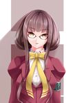  akira_sora aoki_hagane_no_arpeggio brown_hair glasses hiei_(aoki_hagane_no_arpeggio) long_hair red-framed_eyewear solo standing uniform yellow_eyes 