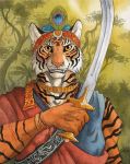  0laffson 2019 5_fingers anthro clothed clothing detailed_background digital_media_(artwork) ear_piercing ear_ring felid fur holding_object holding_weapon mammal melee_weapon orange_eyes pantherine piercing smile solo standing striped_fur stripes sword teeth tiger weapon 