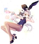  animal_ears armpits bow bowtie breasts bunny_ears bunnysuit card cherrypin detached_collar dice elsword eve_(elsword) facial_mark fake_animal_ears fishnet_pantyhose fishnets floating_hair full_body glowing hair_cubes hair_ornament hair_ribbon hairband high_heels long_hair looking_at_viewer lying pantyhose playing_card pointy_ears ribbon side_ponytail silver_hair simple_background small_breasts solo sparkle very_long_hair white_background white_hair wrist_cuffs yellow_eyes 