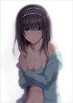  black_hair blue_eyes blush breasts covering covering_breasts hairband idolmaster idolmaster_cinderella_girls long_hair long_sleeves looking_at_viewer medium_breasts navel nohito open_clothes open_mouth open_shirt out-of-frame_censoring sagisawa_fumika shirt smile solo sweat 