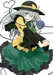  alternate_hair_length alternate_hairstyle black_legwear bow grey_eyes hat hat_bow highres ishikkoro komeiji_koishi long_hair long_sleeves open_mouth pantyhose shirt silver_hair skirt smile solo third_eye touhou very_long_hair wide_sleeves 