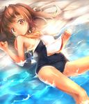  bad_id bad_pixiv_id beach brown_eyes brown_hair i-401_(kantai_collection) kantai_collection looking_at_viewer lying ocean on_back open_clothes open_shirt school_swimsuit school_uniform serafuku shirt solo swimsuit swimsuit_under_clothes umagenzin 