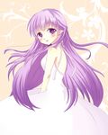  :d bare_shoulders blush dress fire_emblem fire_emblem:_fuuin_no_tsurugi leaf leaf_background long_hair looking_at_viewer looking_back miyako_(mongcocoa) open_mouth pointy_ears purple_background purple_eyes purple_hair smile sofiya solo very_long_hair white_dress 
