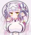  bell blush braid breast_mousepad breasts cat_hair_ornament china_dress chinese_clothes detached_sleeves double_bun dress hair_ornament haku_(p&amp;d) huge_breasts jitome long_hair long_sleeves looking_at_viewer marshmallow_mille mousepad no_nose purple_hair puzzle_&amp;_dragons sample solo twin_braids white_hair yellow_eyes 