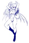  arms_up breasts kubocha large_breasts long_hair looking_at_viewer monochrome morrigan_aensland pantyhose red_eyes simple_background solo spot_color vampire_(game) white_background wings 