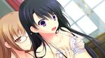  1boy 1girl blush bra breasts brown_hair chuablesoft game_cg glasses highres kirihara_misuzu kunai_uri noblesse_of_rouge oohinata_toshiya open_mouth orange_eyes purple_eyes trap underwear 