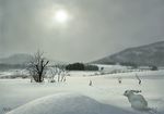  bare_tree bunny cloud cloudy_sky day fog footprints forest grey_sky horizon landscape matataku mountain nature no_humans original outdoors photorealistic scenery signature sky snow sun tree winter 