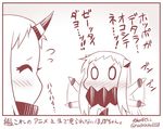  2girls ^_^ blush closed_eyes comic commentary contemporary covered_mouth flying_sweatdrops horn horns kantai_collection long_hair mittens monochrome multiple_girls northern_ocean_hime seaport_hime shinkaisei-kan translated waving_arms yamato_nadeshiko 