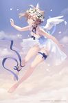  ankle_ribbon barefoot breasts brown_hair choker cleavage comet_(teamon) dress flower head_wreath highres leaning_forward leg_garter looking_at_viewer million_arthur_(series) outstretched_arm petals purple_eyes red_lotus ribbon ribbon_choker short_hair sky small_breasts solo tears thigh_strap white_wings wings 