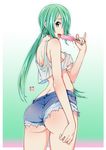  ass breasts denim denim_shorts eudetenis food gradient gradient_background green_eyes green_hair highres large_breasts long_hair looking_at_viewer open_mouth original ponytail popsicle shorts sideboob solo underboob wedgie 