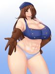 1girl abs aki-san_94 bare_shoulders blush breasts brown_hair cleavage curvy green_eyes hat huge_breasts long_hair navel original smile solo standing sweat thick_thighs thighs wide_hips 