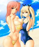  2girls arm_around_waist asymetrical_docking asymmetrical_docking bare_shoulders beach bikini blonde_hair blue_sky blush breast_envy breast_press breasts cameltoe cleavage dead_or_alive dead_or_alive_5 erect_nipples evil-dei hair_ornament hair_ribbon honoka_(doa) large_breasts long_hair looking_at_viewer marie_rose multiple_girls ocean pink_hair ribbon sand side_ponytail sky standing swimsuit symmetrical_docking twintails underboob v water wink 