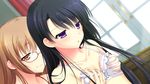  1boy 1girl blush bra breasts brown_hair chuablesoft game_cg glasses highres kirihara_misuzu kunai_uri noblesse_of_rouge oohinata_toshiya open_mouth orange_eyes purple_eyes trap underwear 