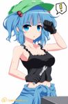  1girl alternate_costume armpits blue_eyes blue_hair blush breasts cleavage gloves hair_bobbles hair_ornament hat highres isa kawashiro_nitori medium_breasts open_mouth short_hair solo sweat tank_top touhou two_side_up wrench 