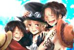  blonde_hair brothers cravat freckles gloves goggles goggles_on_hat hat hug male_focus monkey_d_luffy multiple_boys necklace one_piece portgas_d_ace red_shirt sabo_(one_piece) shirt siblings smile stampede_string straw_hat tattoo top_hat topless trio 