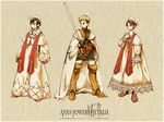  ahoge axis_powers_hetalia blonde_hair boots brown_eyes brown_hair cape copyright_name cross derivative_work germany_(hetalia) gloves hat knight kobutabancho male_focus multiple_boys northern_italy_(hetalia) parody priest robe southern_italy_(hetalia) stole style_parody sword weapon 