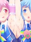  armpits arms_up bad_anatomy blue_hair blush dorothy_west female grin leona_west multiple_girls pink_hair pripara puri_para rei_oe short_hair smile stain sweat sweat_stain trap 