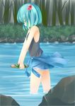  absurdres bad_id bad_pixiv_id bare_shoulders blue_eyes blue_hair bush carrying clothes_around_waist cucumber food forest hair_bobbles hair_ornament highres holding kawashiro_nitori nature no_hat no_headwear plate rock shirt shirt_around_waist short_hair shorts solo tank_top touhou tree two_side_up wading wakuta_chisaki water 