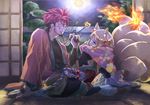  1girl animal_ears bad_id bad_pixiv_id beard eye_contact facial_hair fire fishnets fox_ears fox_tail goemon_(p&amp;d) grin japanese_clothes kimono looking_at_another madocca mitsuki_(p&amp;d) moon multiple_tails night pipe puzzle_&amp;_dragons red_hair sitting smile tail 