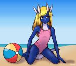  animal_genitalia anthro arki ball beach_ball blonde_hair butt camel_toe clothed clothing crossdressing cub dragon genital_slit girly hair hi_res horn invalid_tag k0yangi lizard long_hair male one-piece_swimsuit pinup pose reptile scalie sea slit solo swimsuit water western_dragon young 