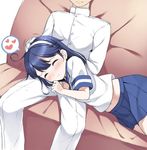  1girl admiral_(kantai_collection) ahoge black_hair blush closed_eyes gloves hairband hand_on_another's_head happy hat heart kantai_collection lap_pillow long_hair lying lying_on_lap lying_on_person military military_uniform motion_lines naval_uniform on_side petting ren_san school_uniform serafuku skirt sleeping sleeping_on_person smile spoken_heart uniform ushio_(kantai_collection) 