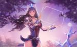  alternate_costume armor bangs black_hair black_sash blue_dress blue_eyes breasts breasts_apart brown_dress cleavage cowboy_shot dress floating_hair fur_trim grin hand_up hat highres holding ice instant_ip league_of_legends long_hair long_sleeves looking_at_viewer medium_breasts motion_blur multicolored multicolored_clothes multicolored_dress outdoors outstretched_arm pauldrons pelvic_curtain sash short_dress side_slit sivir sky smile snow snowflakes snowing snowstorm_sivir solo standing thighs tree vambraces wavy_hair weapon wind 