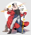  back-to-back black_hair clock dark_skin dark_skinned_male fire grey_hair jean_pierre_polnareff jojo_no_kimyou_na_bouken miyasemao mohammed_avdol multiple_boys rapier robe sword weapon 